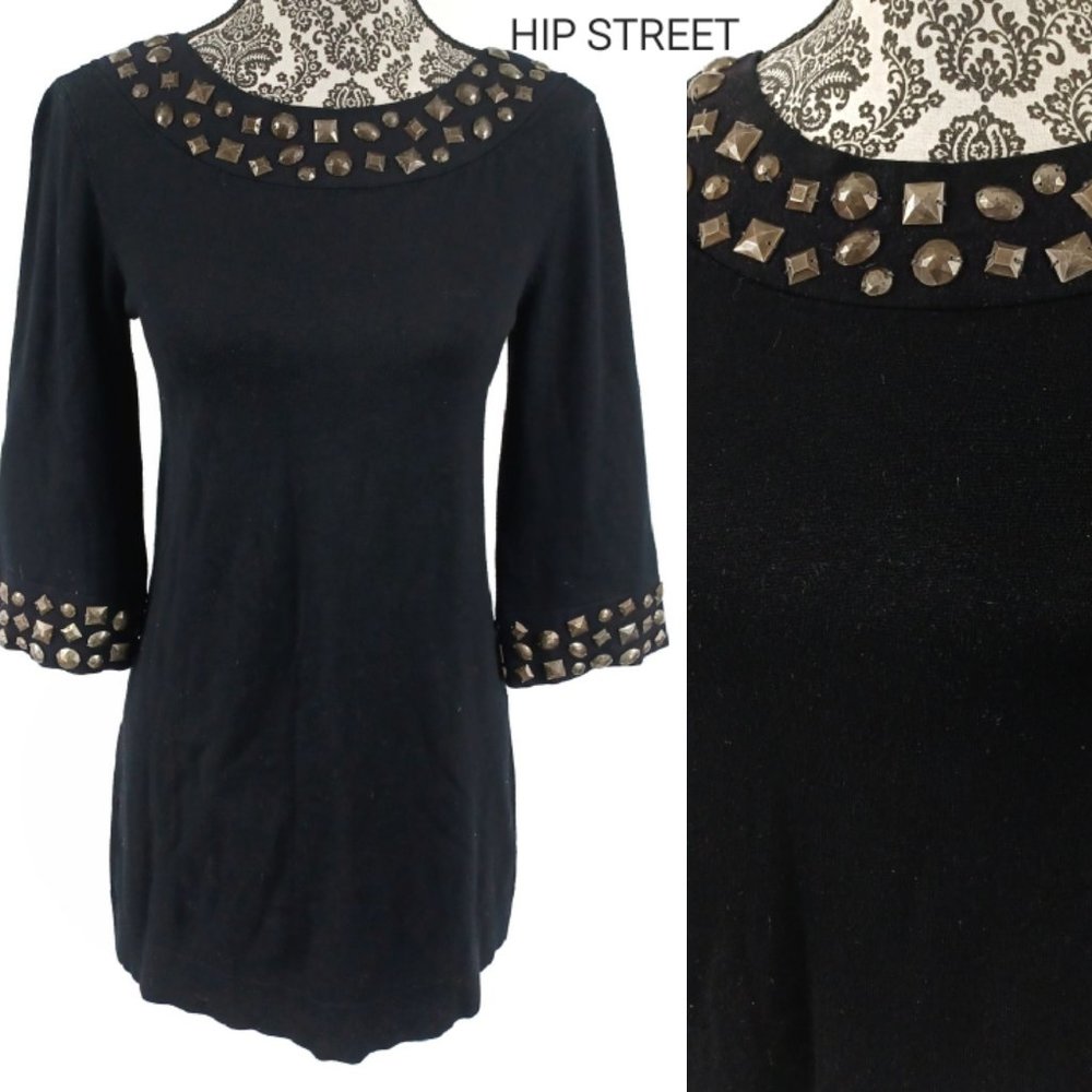 STYLE & CO Dress 3/4 Sleeve Metal Stud Neck & Sleeve Sweater Mini Tunic S